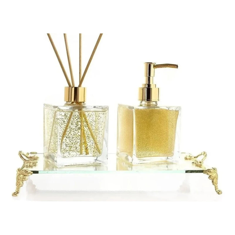 Kit Lavabo Luxo Dourado + Bandeja/ Difusor e Saboneteira Luxo.