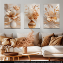 quadros decorativos 3 peças vasos de flores bege delicadas luxo gold para sala (V.B)