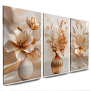 quadros decorativos 3 peças vasos de flores bege delicadas luxo gold para sala (V.B)