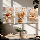 quadros decorativos 3 peças vasos de flores bege delicadas luxo gold para sala (V.B)