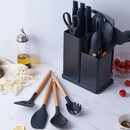 Kit Cozinha 19 Peças Silicone Antiaderente Facas Inox Madeira com Suporte