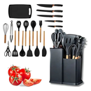 Kit Cozinha 19 Peças Silicone Antiaderente Facas Inox Madeira com Suporte