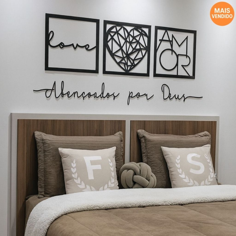 Kit 3 Quadros Love Coração Geométrico Amor + Frase de Parede Abençoados por Deus Religioso Mdf