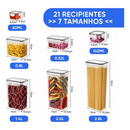 Kit 21 Potes Herméticos Empilháveis Quadrado Resistente Plástico Cozinha Dispensa Alimentos e Bebida