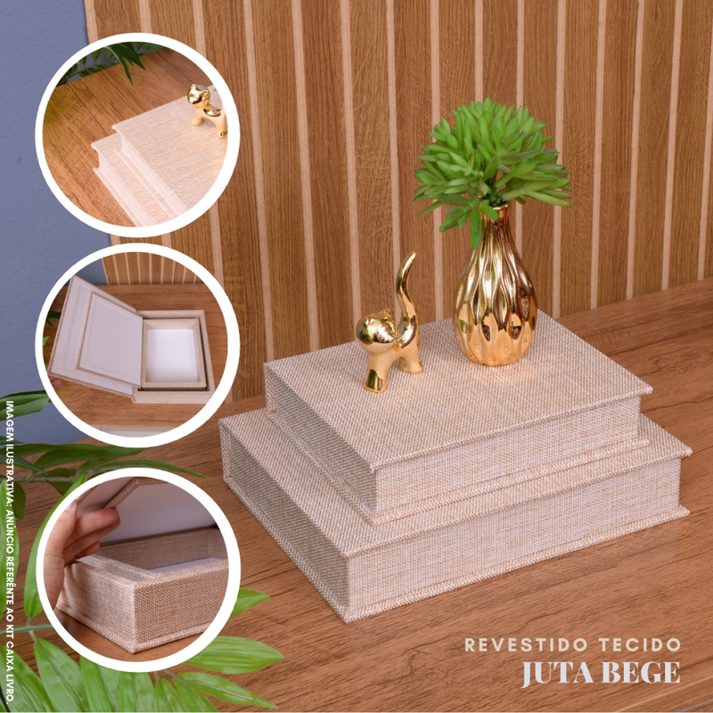 Kit 2 Caixa Livro Falso P M MDF TECIDO JUTA BEGE Decorativa Porta Objeto Elegante